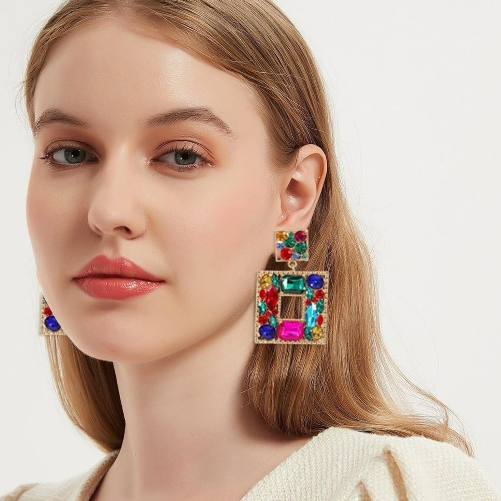 Oversized Multi Color Rhinestone Square Dangle Colorful Earrings